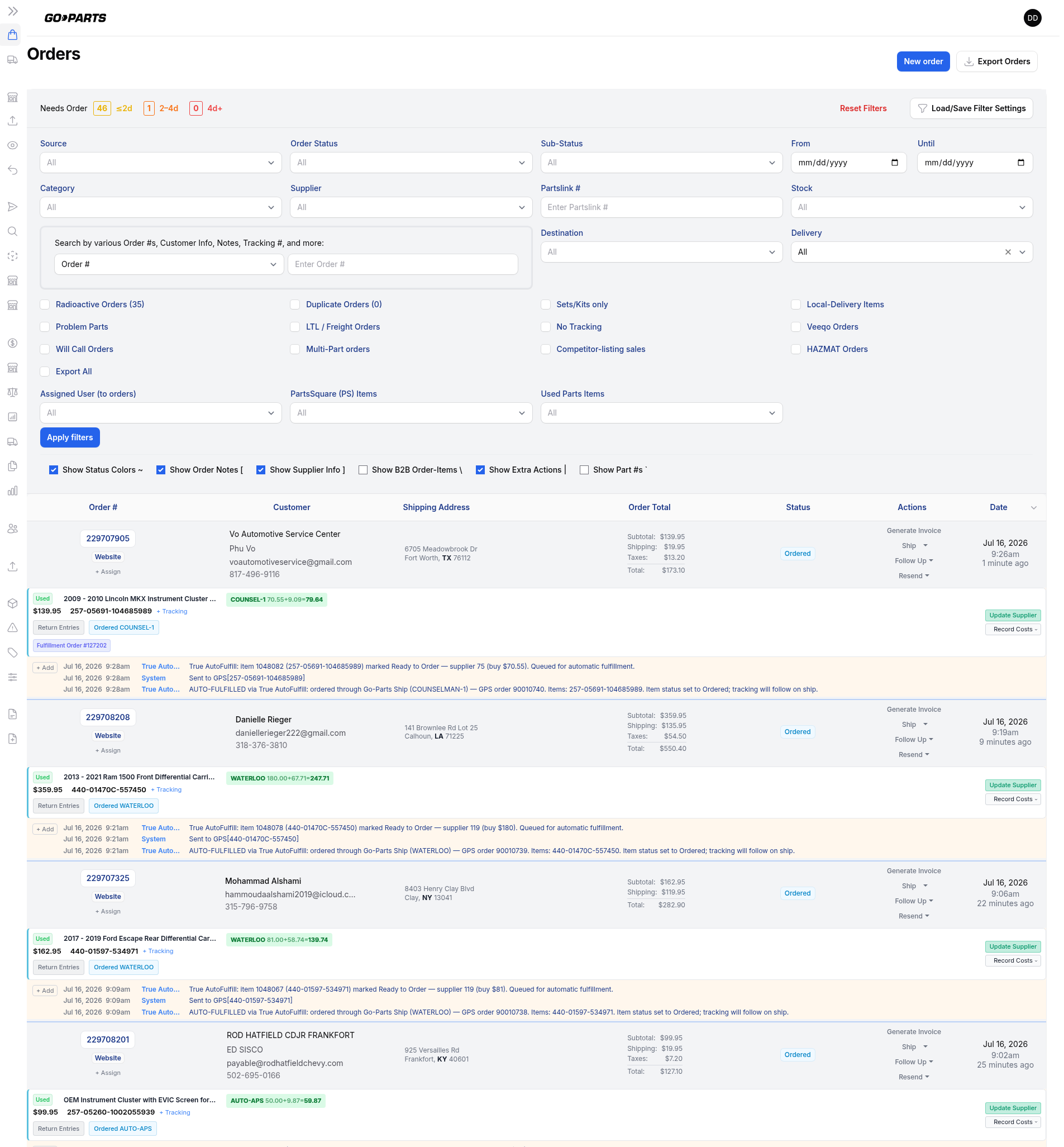 Central Orders page
