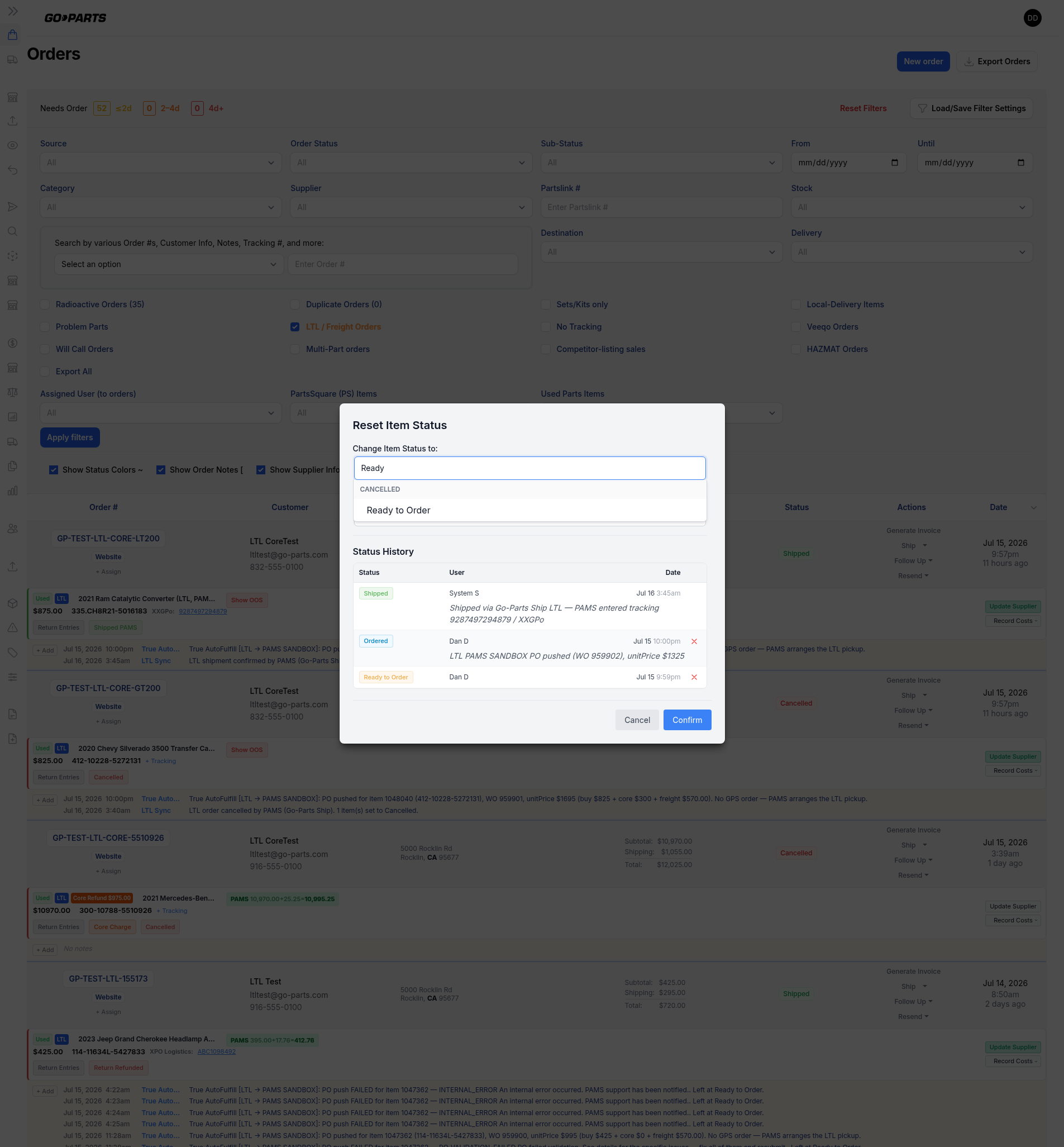 Item status picker showing the Ready to Order option
