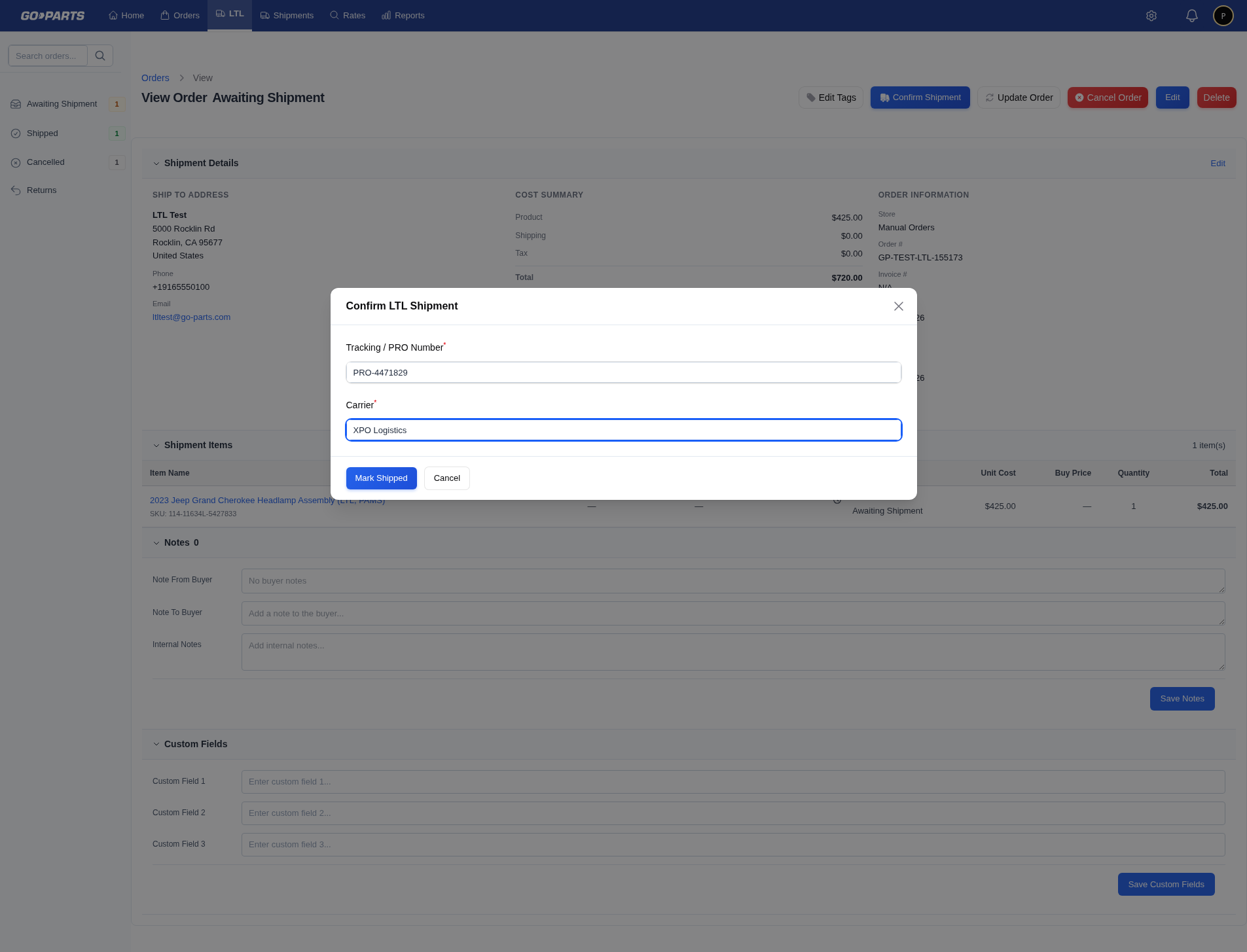 Confirm Shipment form (tracking + carrier)